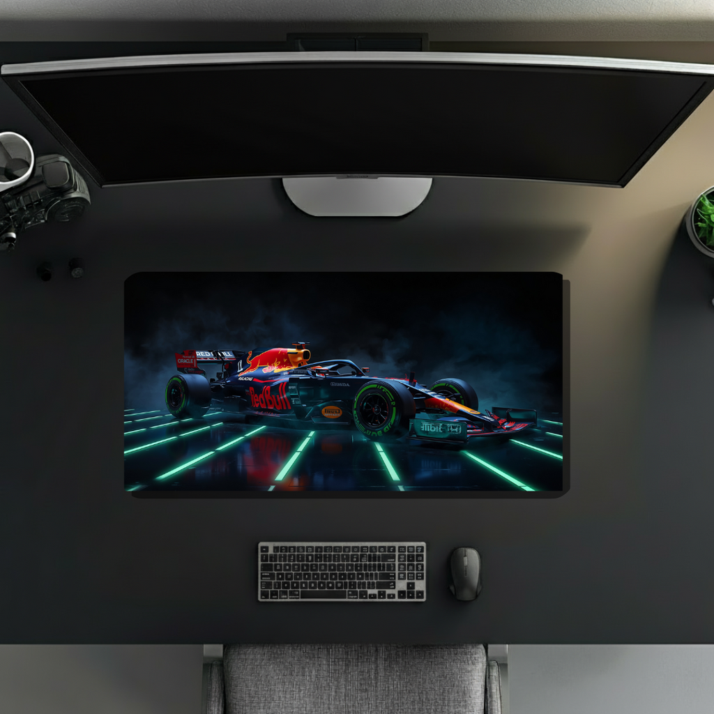 Red Bull F1 car in neon-lit environment | Desk Mat | Gaming Pad