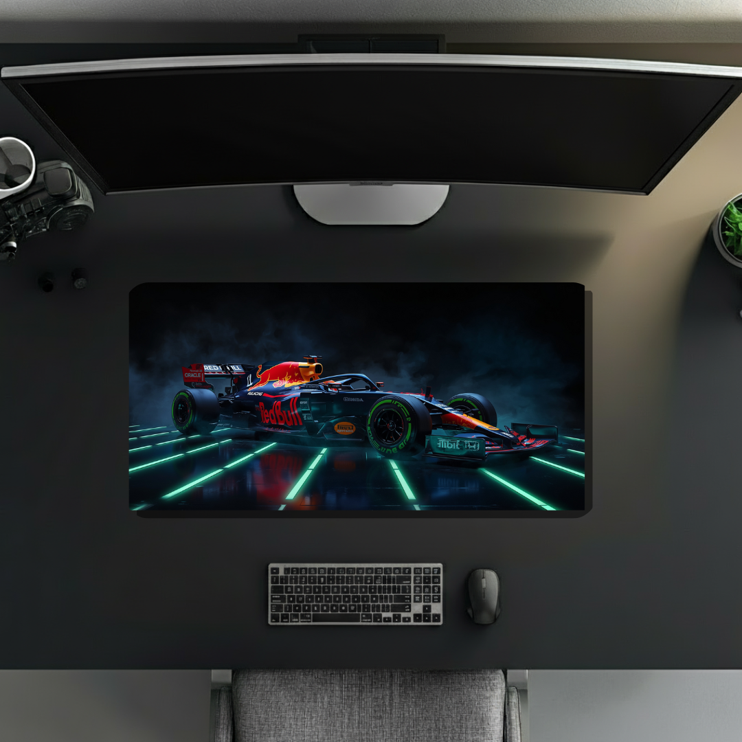 Red Bull F1 car in neon-lit environment | Desk Mat | Gaming Pad