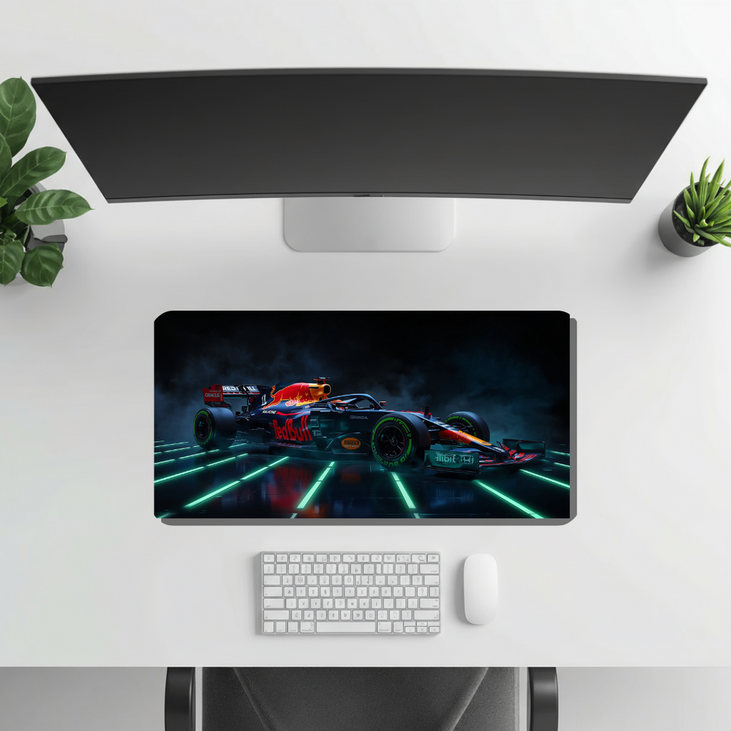 Red Bull F1 car in neon-lit environment | Desk Mat | Gaming Pad