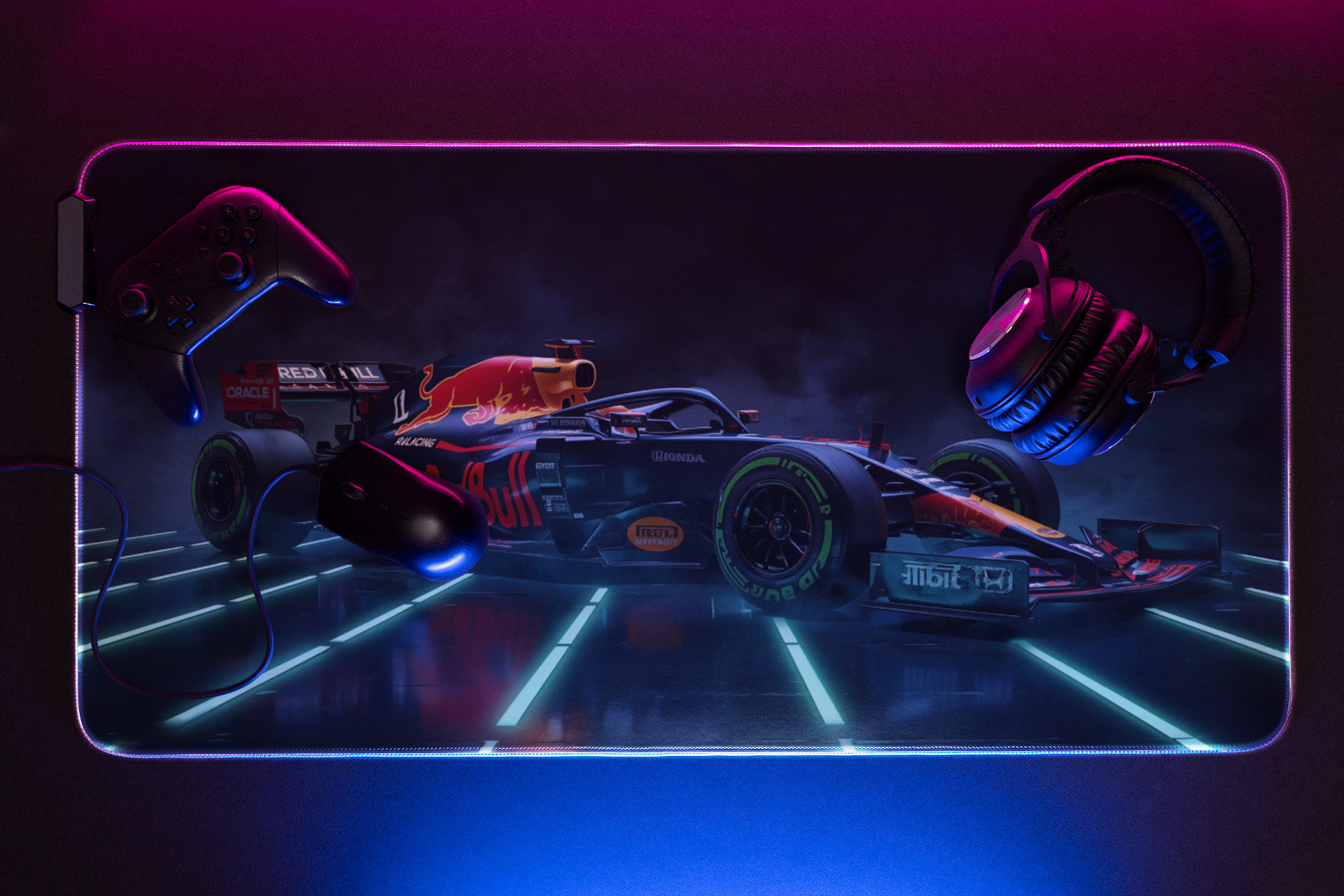 Red Bull F1 car in neon-lit environment | Desk Mat | Gaming Pad