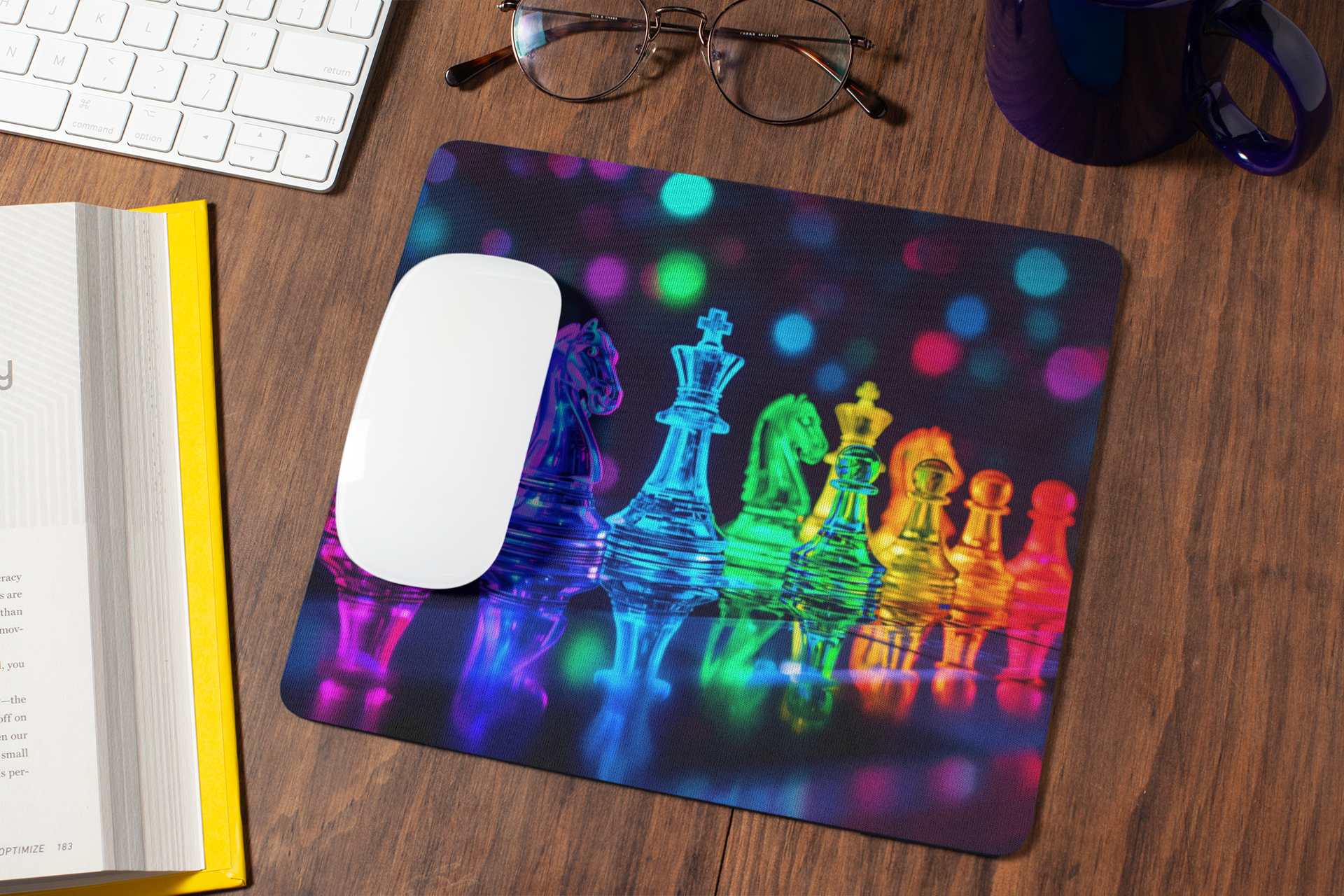 chessboard with neon glowing chess pieces | Mouse Pad