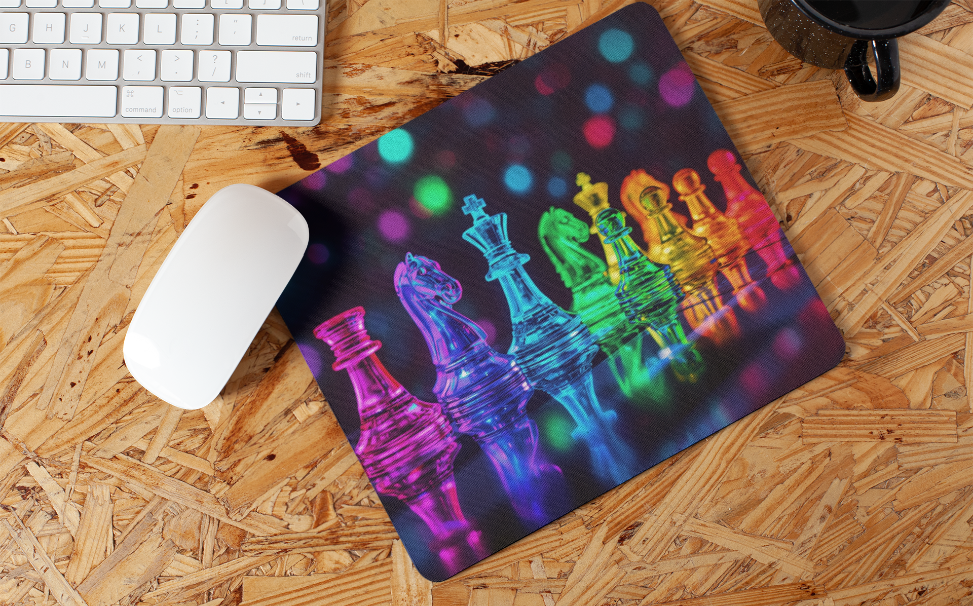 chessboard with neon glowing chess pieces | Mouse Pad